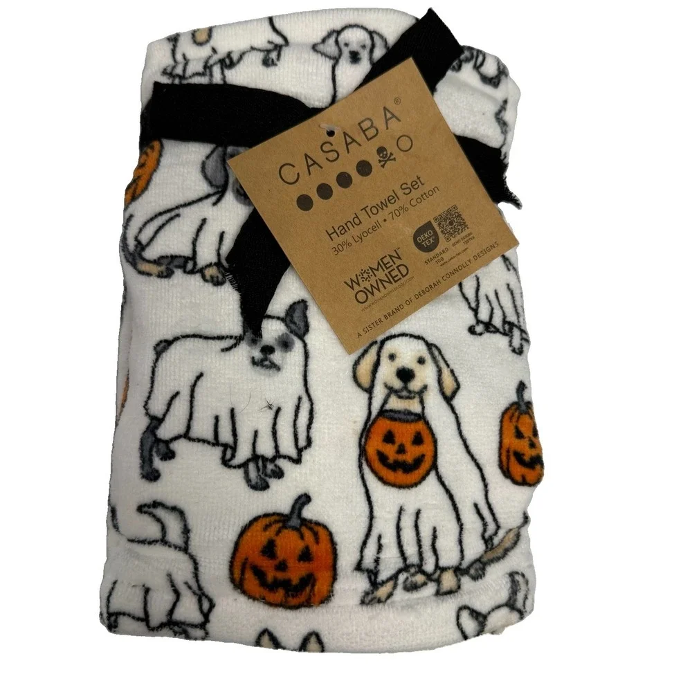 NWT Casaba Halloween Ghost Dogs Hand Towel 2pc Dog Dachshund Retriever Towels